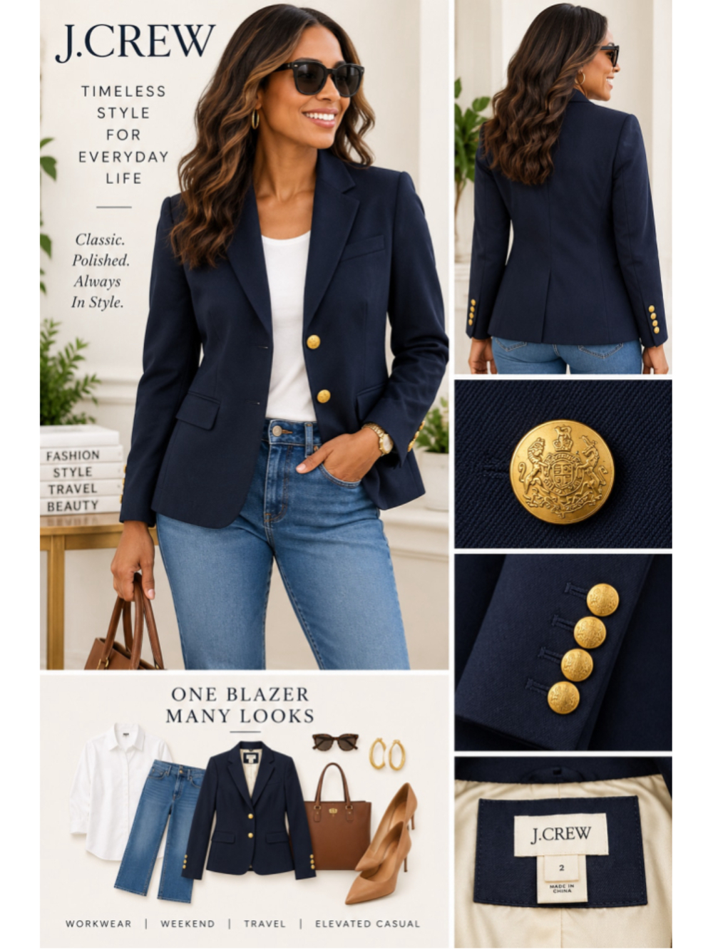 J.Crew Navy Wool Blend Gold Crest Button Blazer Size 2 Preppy Classic